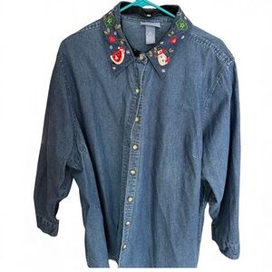 Embroidered Denim Button-Up Shirt, interchangeable collar